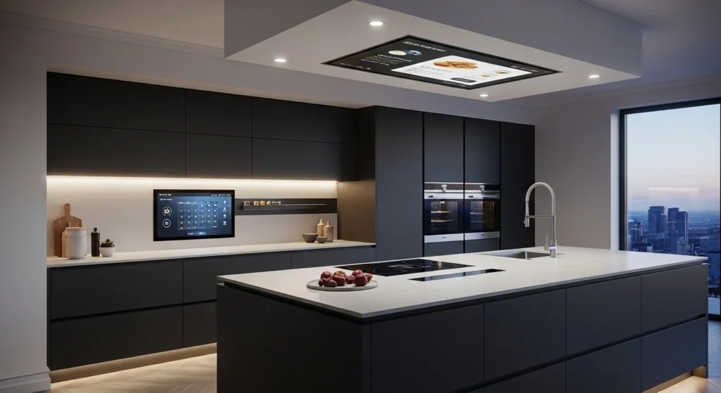 Modern smart kitchen with integrated appliances, touchless faucet, and futuristic 2026 kitchen technology.