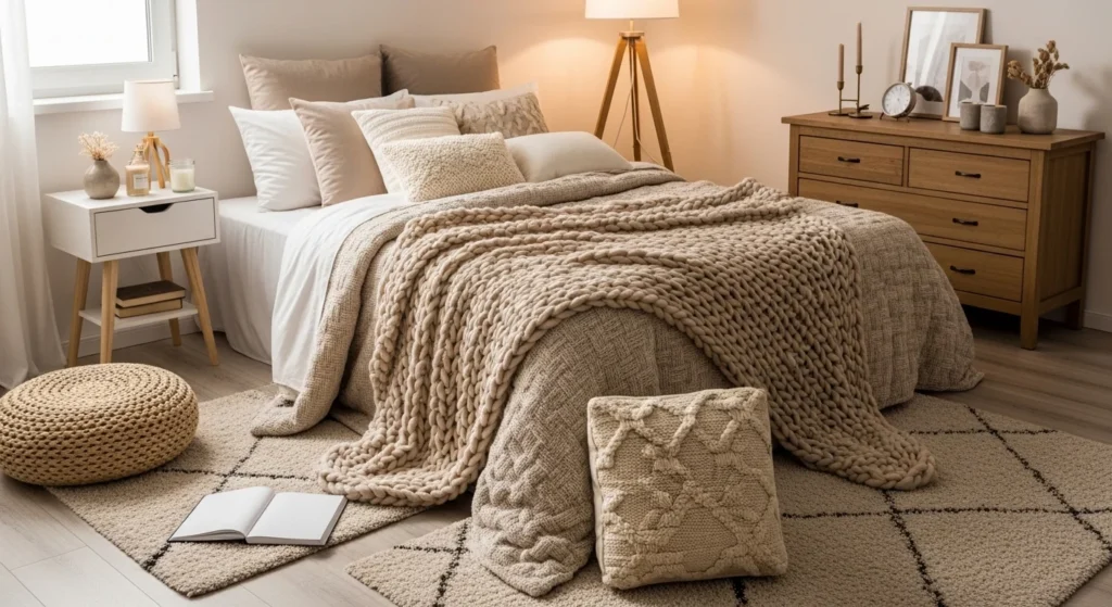 Modern cozy bedroom featuring layered blankets, cushions and textured fabrics for warmth and comfort