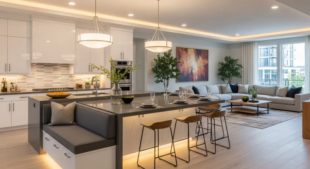 Modern open kitchen living room featuring a large island with seating used as a social gathering space