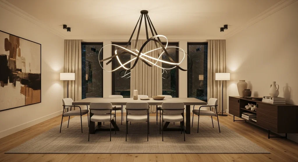 Modern dining room featuring large statement lighting creating a dramatic focal point