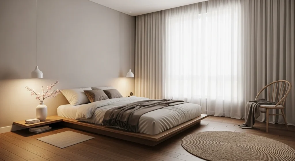 Minimalist bedroom featuring a low platform bed with Japandi style and clean modern layout