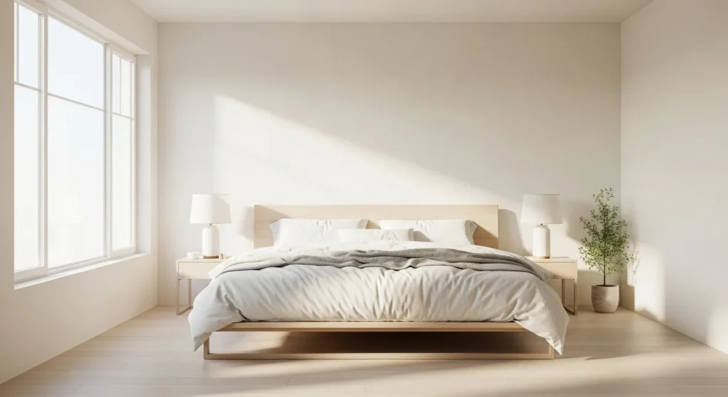 Soft white minimalist bedroom with clean lines, minimal furniture, and bright natural daylight