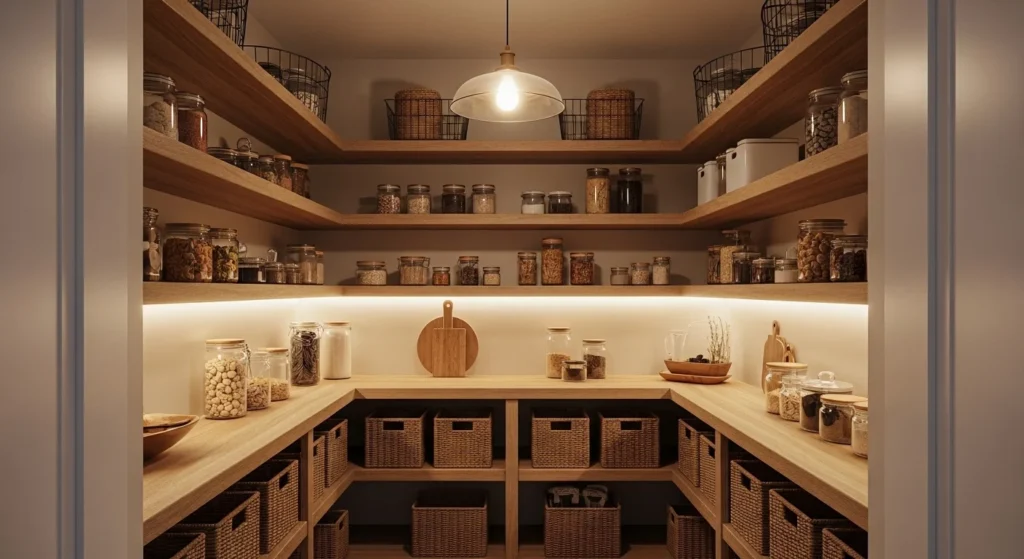 walk-in pantry with natural wood shelving creating a cozy modern storage space