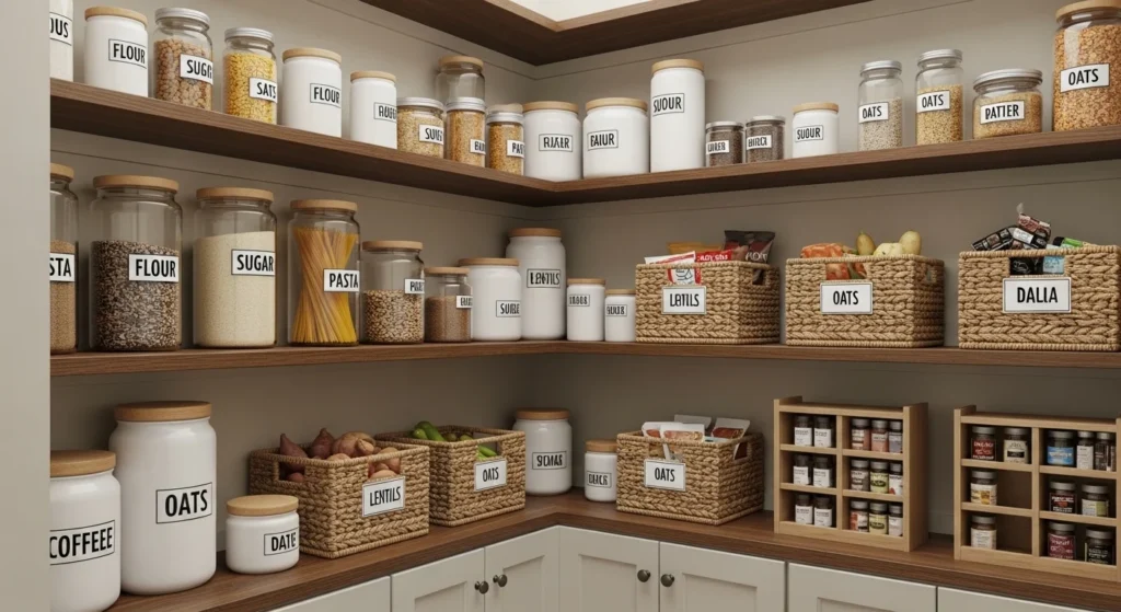 Modern pantry shelves with labeled jars and containers for easy kitchen organization.