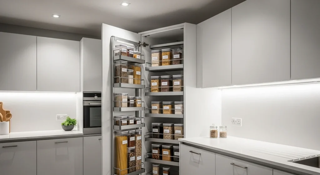 Space-saving pull-out kitchen pantry cabinet designed for small modern kitchens