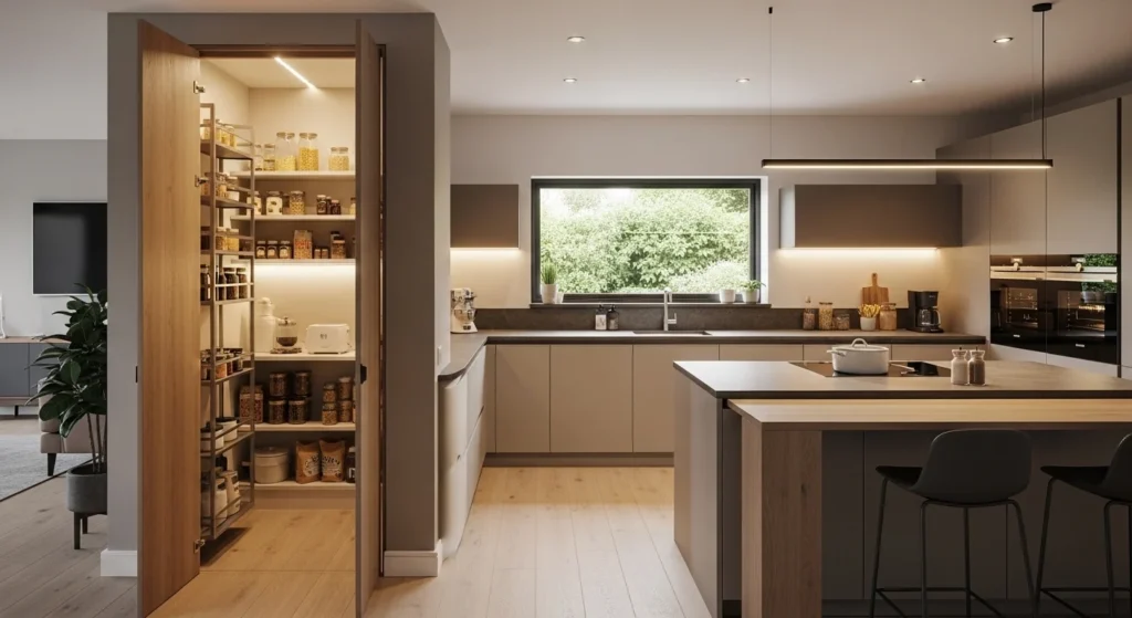 Spacious walk-through hidden pantry connected to kitchen with organized storage and clean modern design.