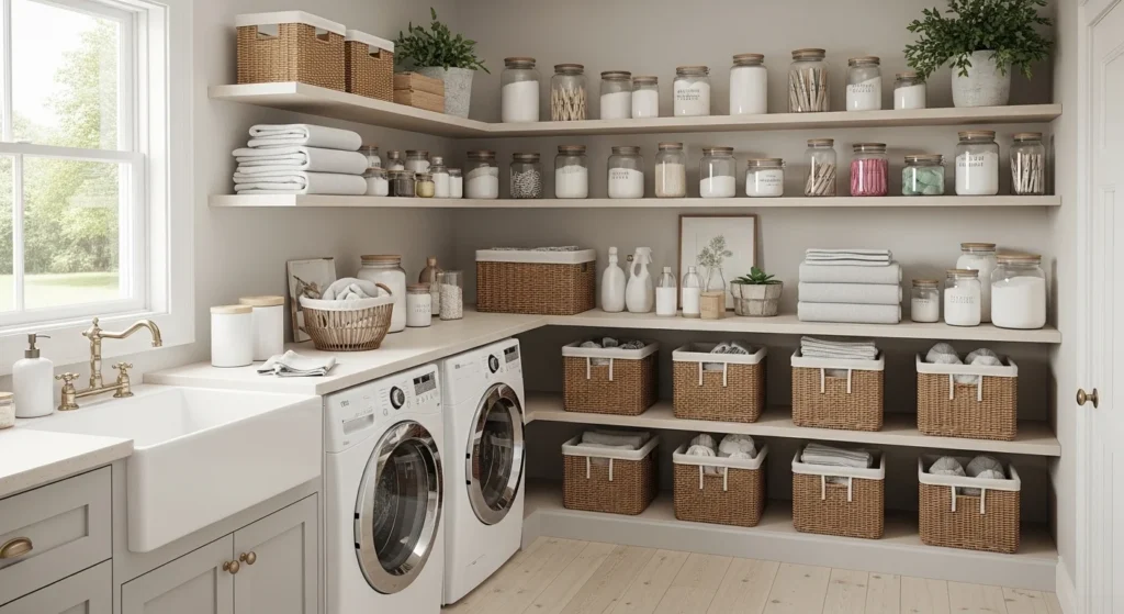 Laundry room with open pantry shelves using jars and baskets for organized storage