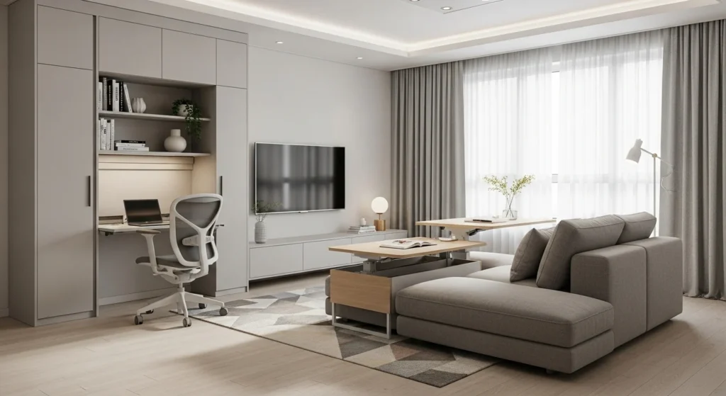 Apartment living room with multifunctional furniture designed for practical everyday living