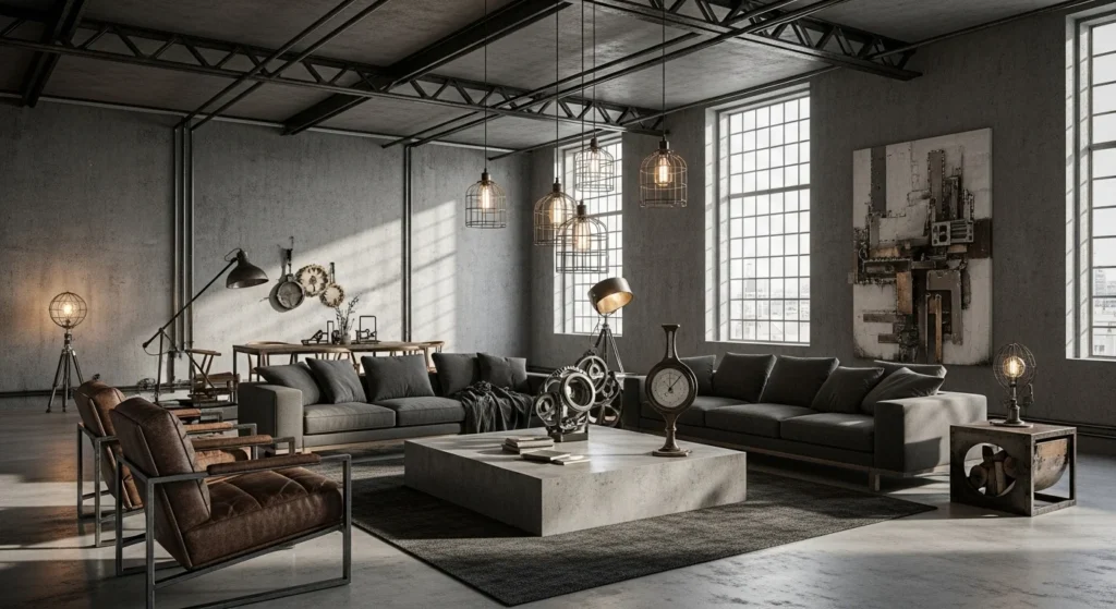 Gray industrial living room with concrete textures, metal accents, and warm lighting