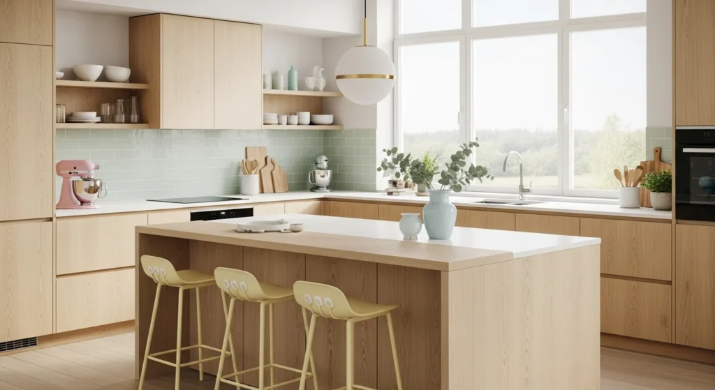 Light wood Scandinavian kitchen with white and pastel tones, bright modern 2026 interior