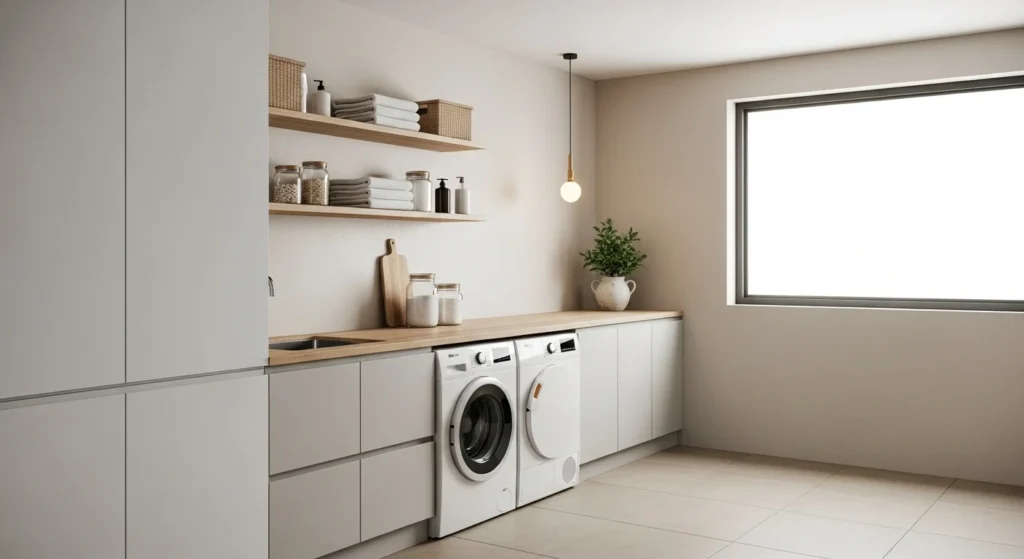 Minimal laundry room design with clean storage and neutral tones, 2026 trend
