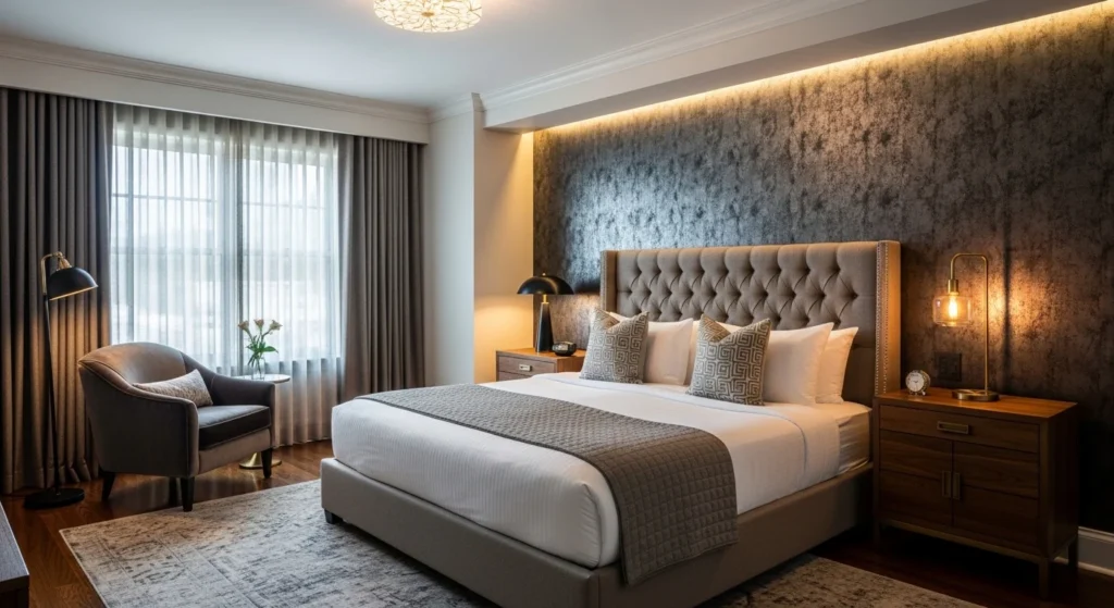 Luxury bedroom layout inspired by boutique hotels with elegant furniture and lighting