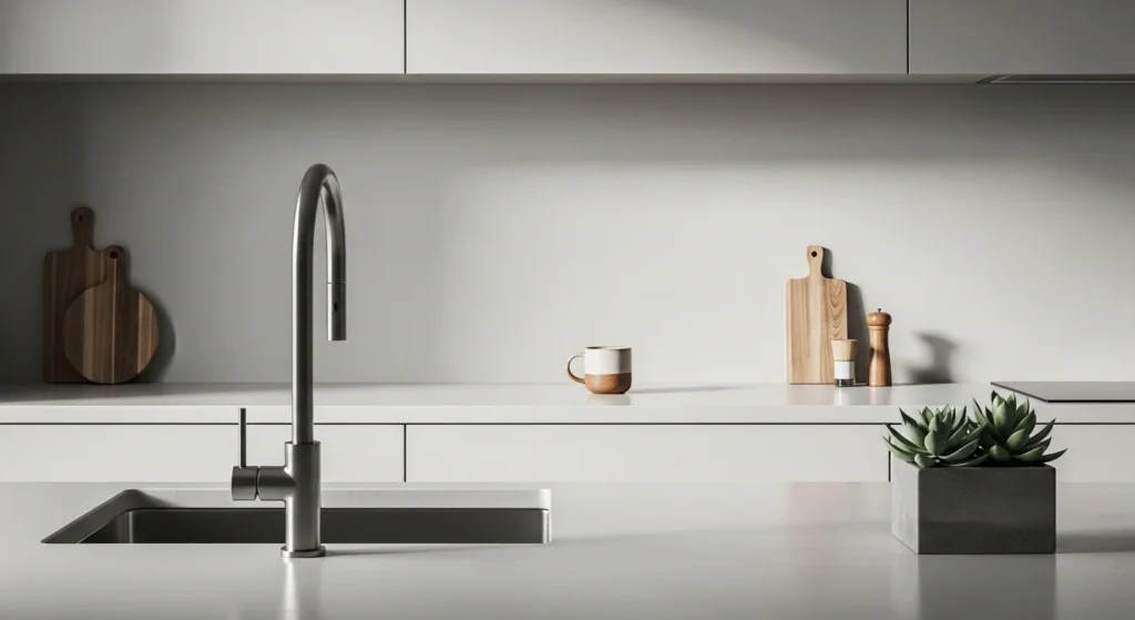 Modern kitchen counter styled with intentional empty space