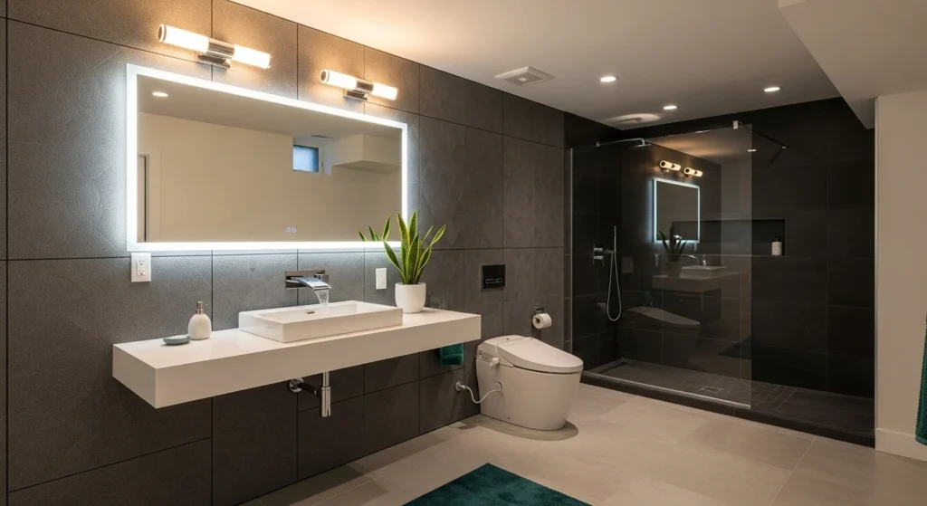 asement bathroom with textured wall panels behind vanity and bathtub