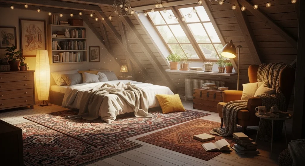 Attic bedroom with layered rugs and warm flooring for a cozy feel