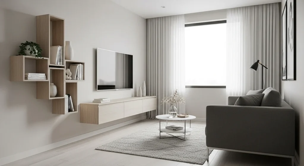 Compact living room with floating TV unit and wall-mounted storage creating a light open feel