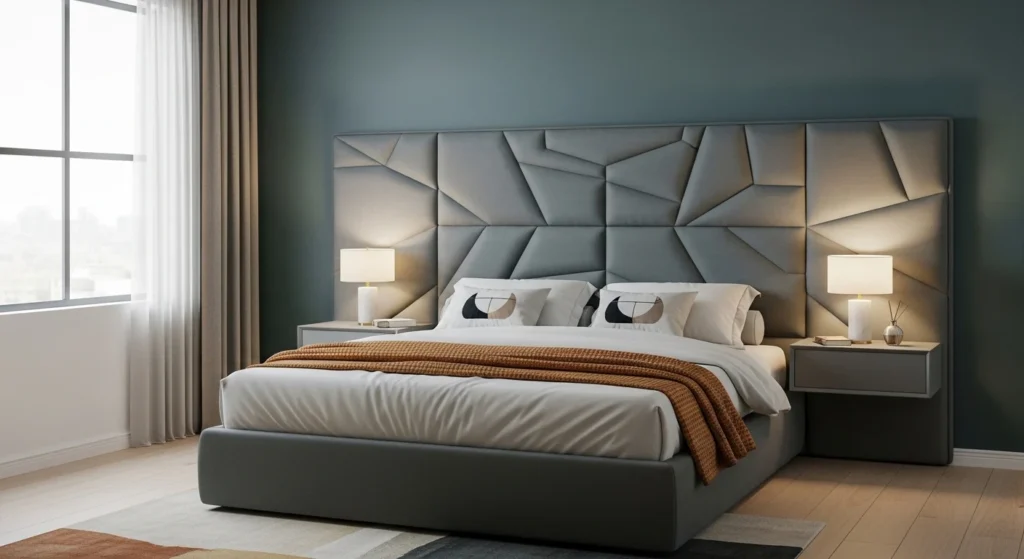 Bedroom with bold upholstered headboard and minimalist bedding