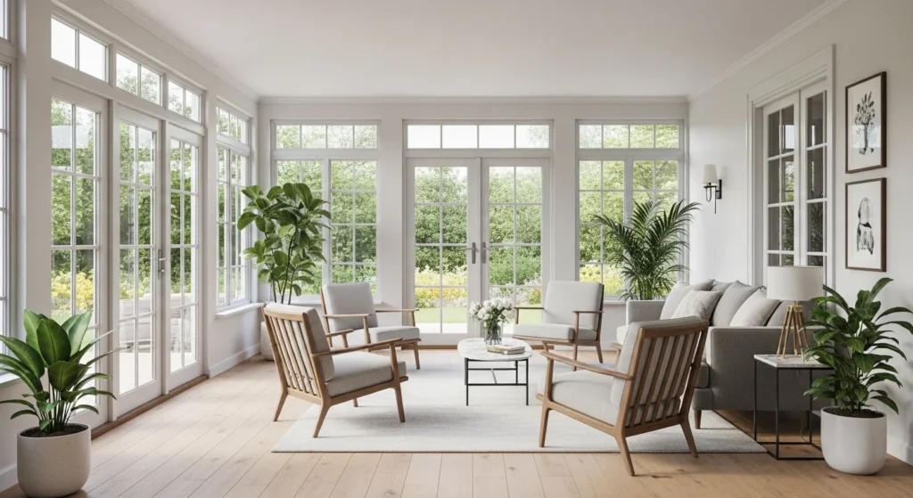 Sunroom featuring natural wood flooring and bright interior