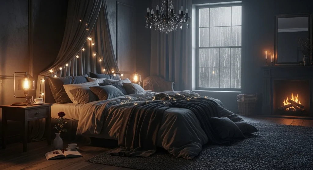 Romantic moody bedroom with dark tones and soft lighting