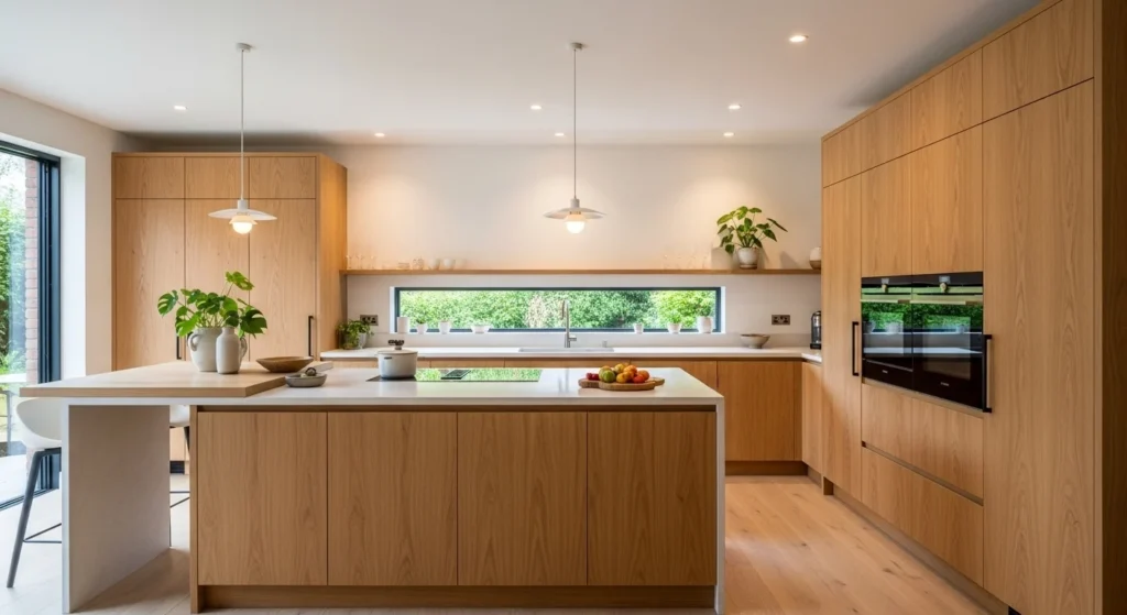 Timeless modern oak kitchen design with clean lines and warmth