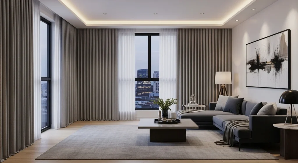 Living room with perfectly custom-fit curtains for polished look
