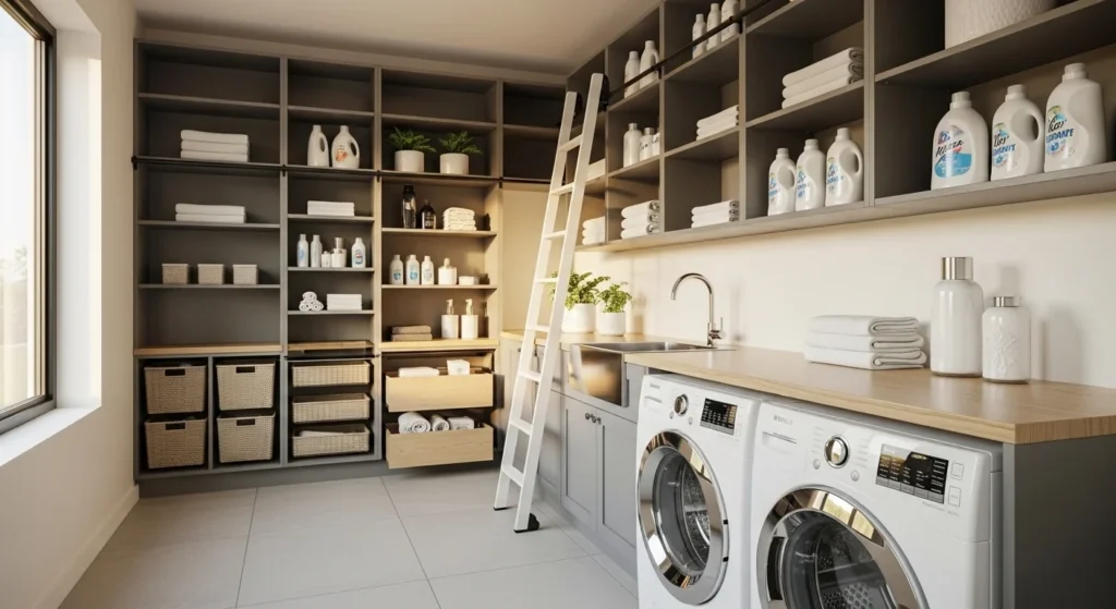 Laundry room with ceiling-height shelves maximizing vertical storage