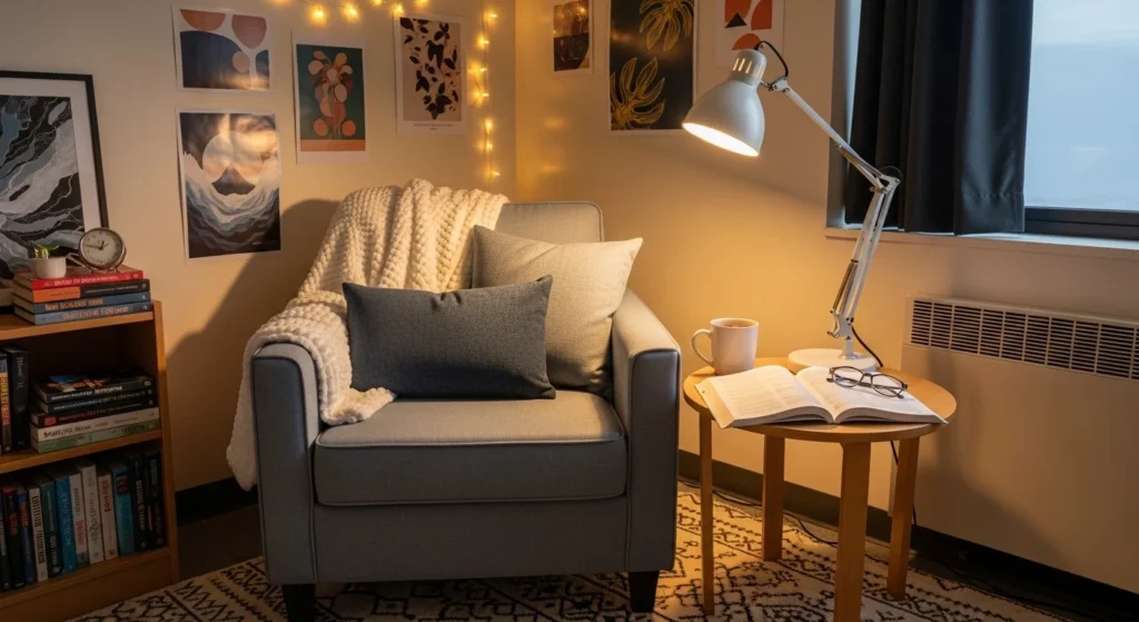Dorm room reading nook with chair and soft lighting