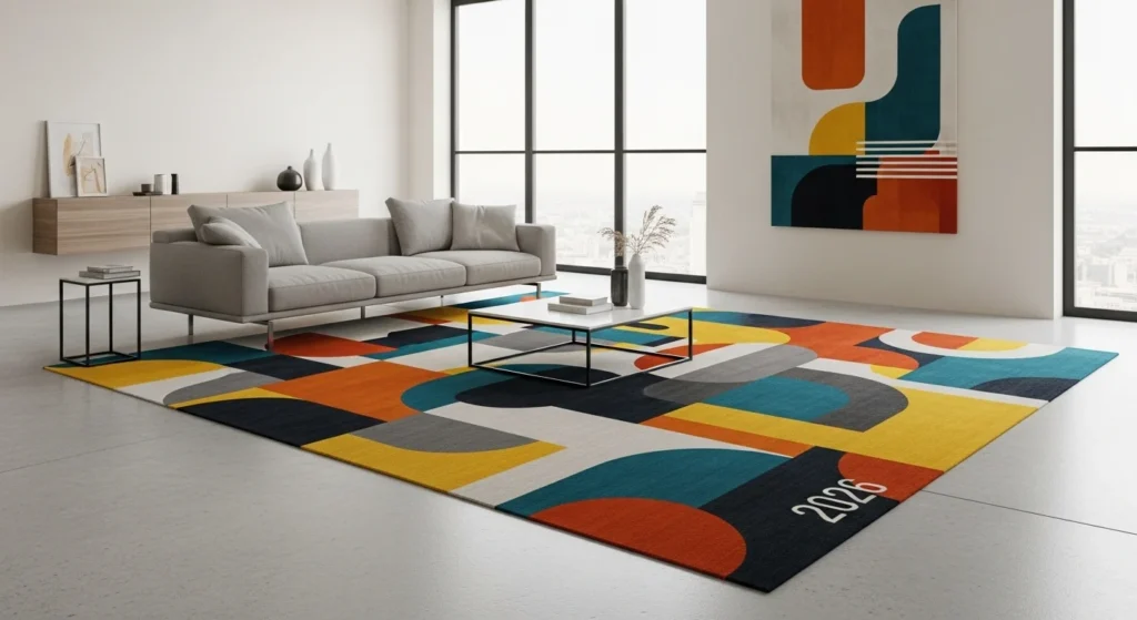 ayered rug over wall-to-wall carpet in modern living room interior