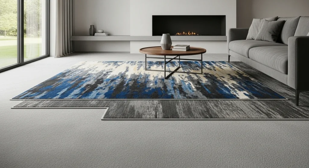 Layered rug over wall-to-wall carpet in modern living room interior