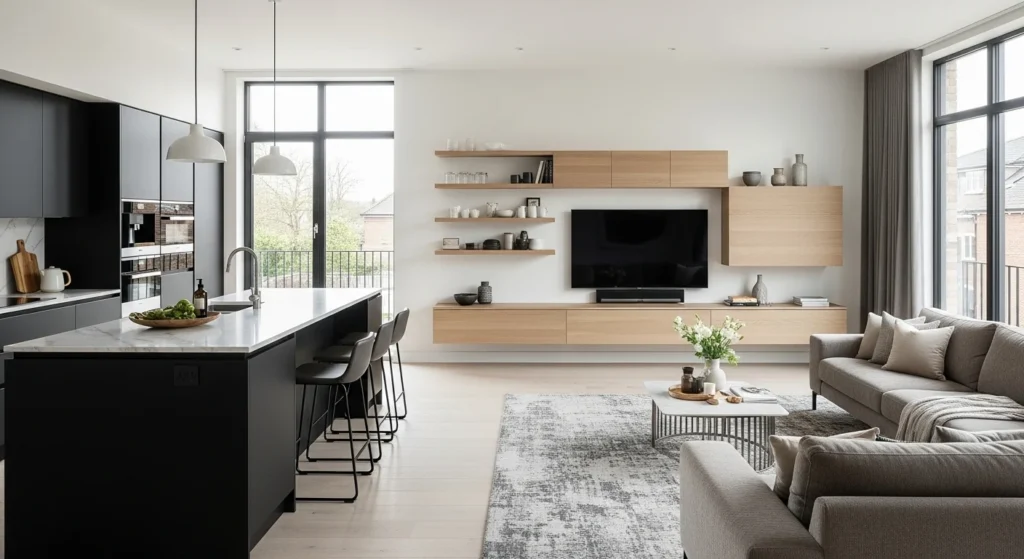 pen kitchen living room with floating TV unit and wall-mounted storage for a light modern look