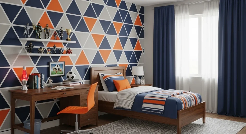 Boys bedroom with bold geometric wall patterns, bedding, and coordinated decor