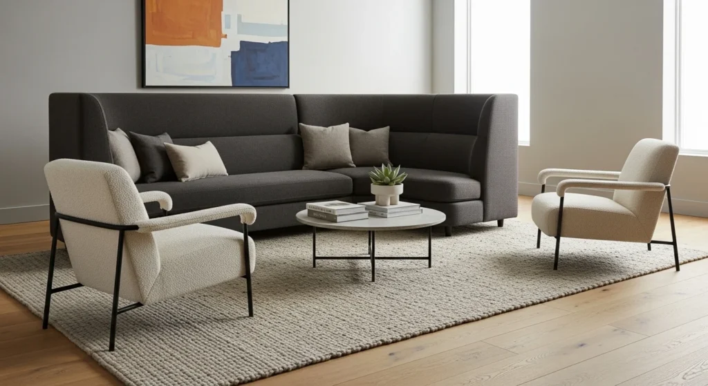 Living room with high-back sofa creating private seating area