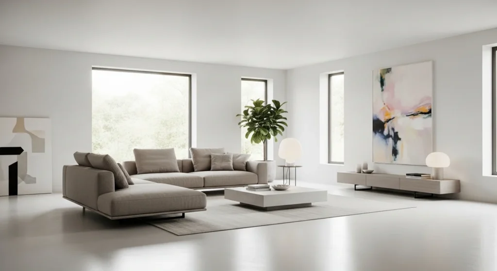 Minimal sofa with hidden legs for grounded appearance