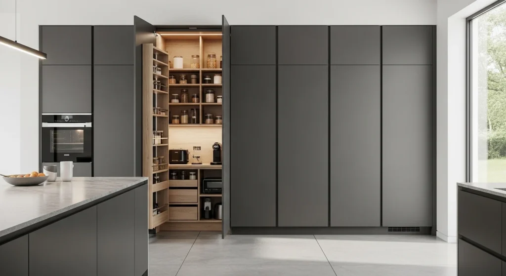 Hidden kitchen pantry seamlessly integrated into cabinetry
