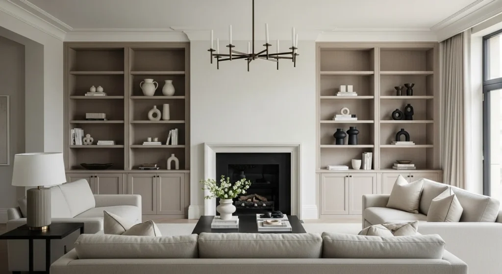 Luxury living room with elegant built-in shelving design