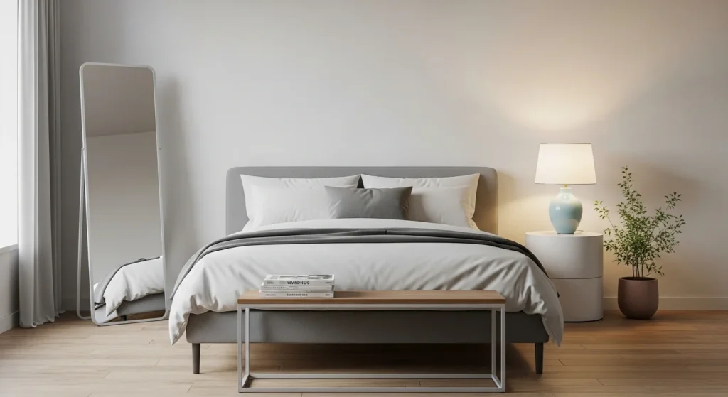 Gray bedroom styled with soft pastel accent colors