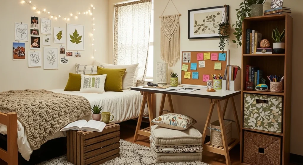 Dorm room with budget-friendly DIY decor, cozy setup, and stylish accents