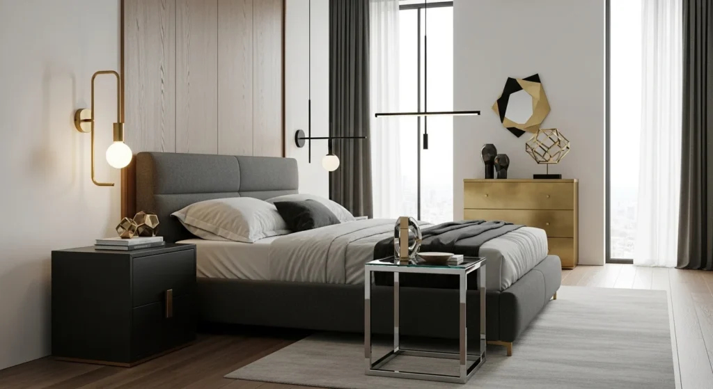 Bedroom remodel with mixed metal hardware and lighting accents