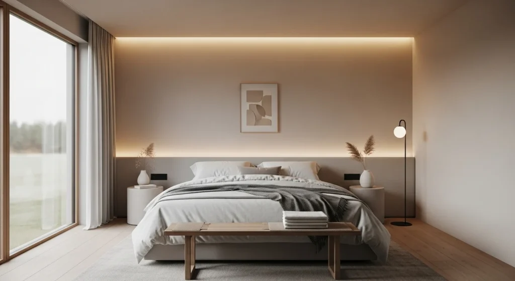 Minimalist bedroom designed as a calm sanctuary with soft neutral colors and peaceful lighting