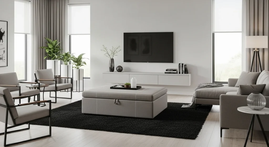 Living room with hidden storage ottoman and clean modern furniture