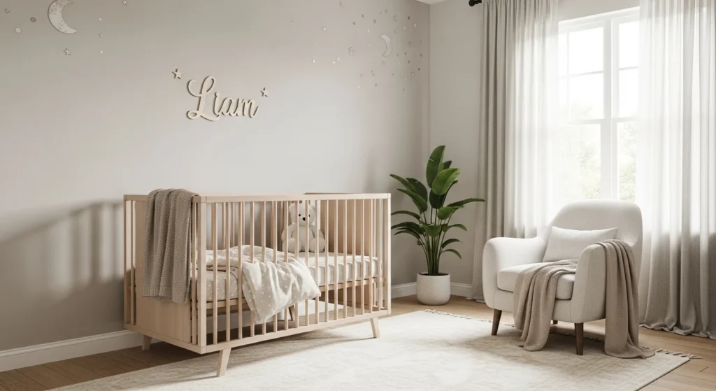 Nursery with custom baby name sign above crib