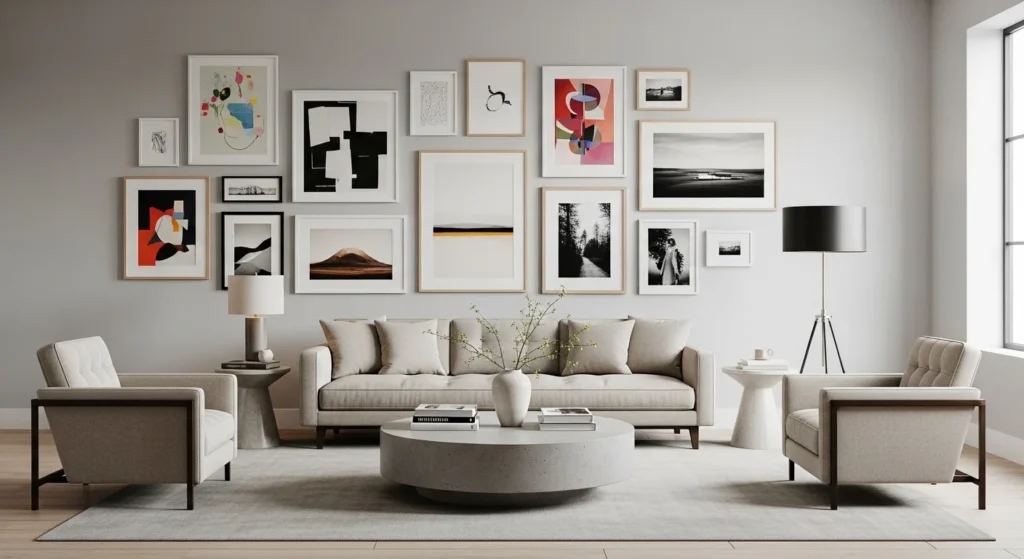 Modern parlor featuring gallery wall with framed artwork, neutral sofa, and stylish décor
