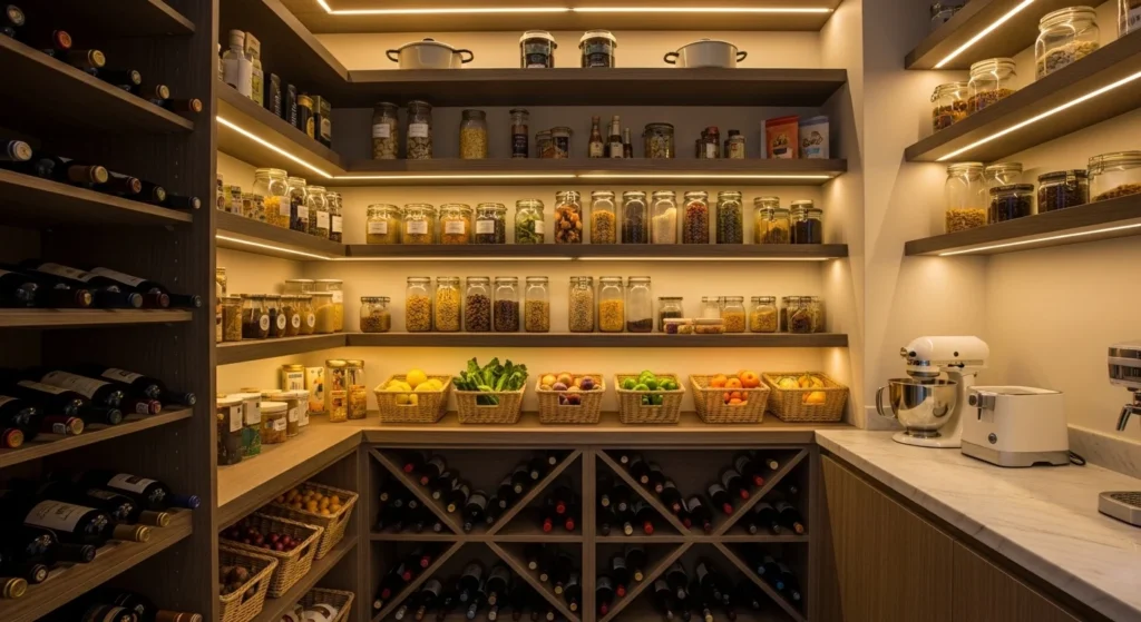 Pantry featuring built-in wine racks and organized kitchen shelves