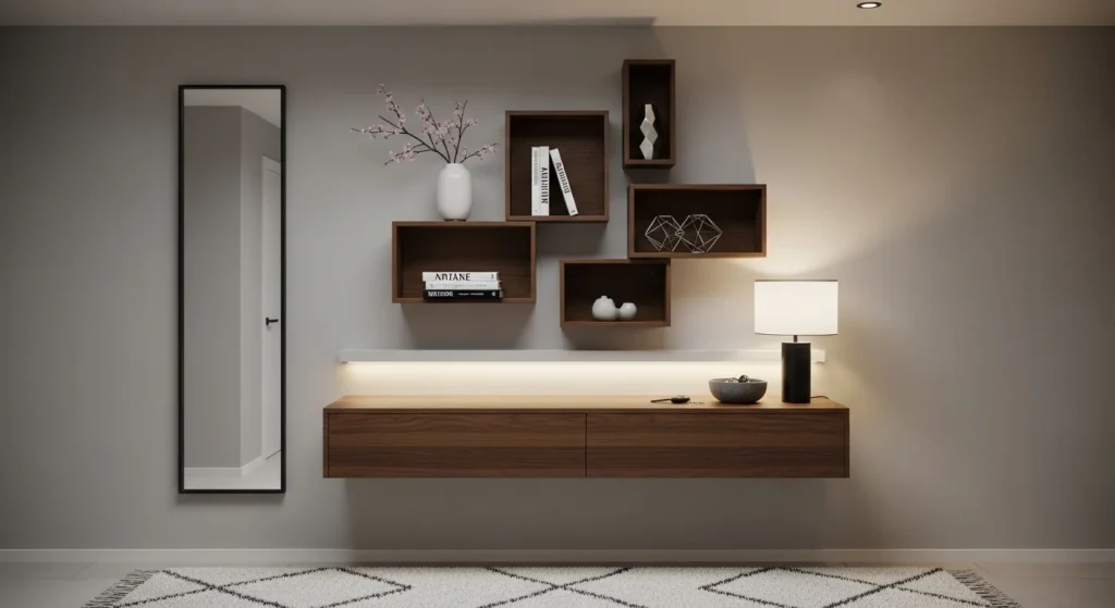 Entryway with wall-mounted floating console and minimalist decor