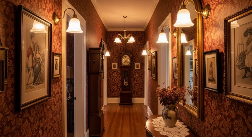Classic hallway decorated with vintage frames and warm lighting