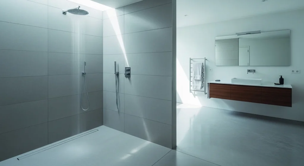 Seamless wet room shower with open layout, modern fixtures, and neutral tiles
