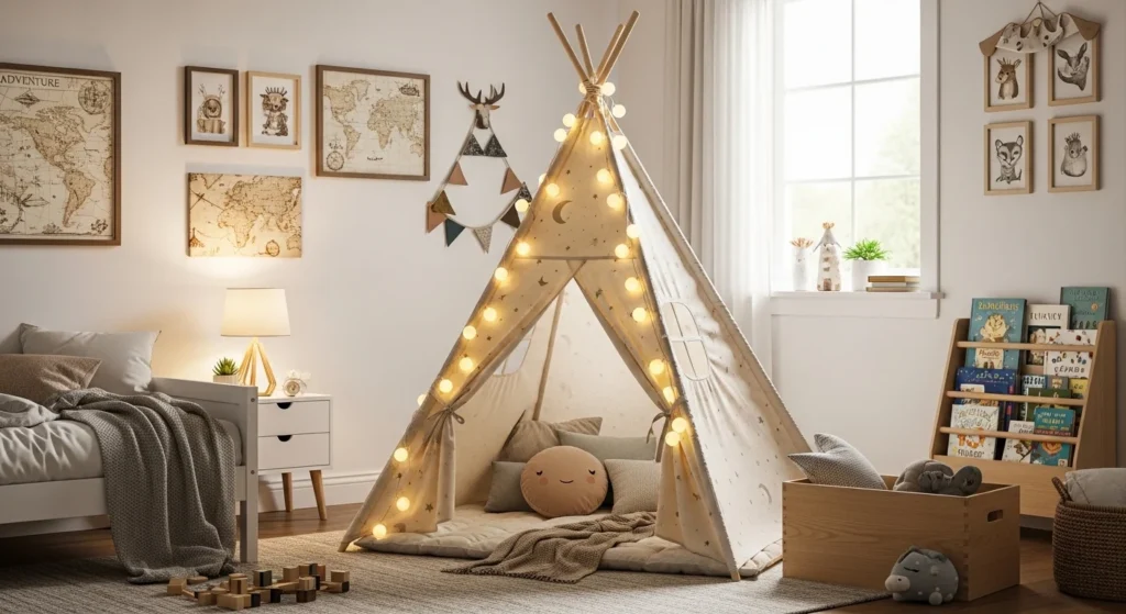 kids room with cozy teepee tent and playful adventure setup