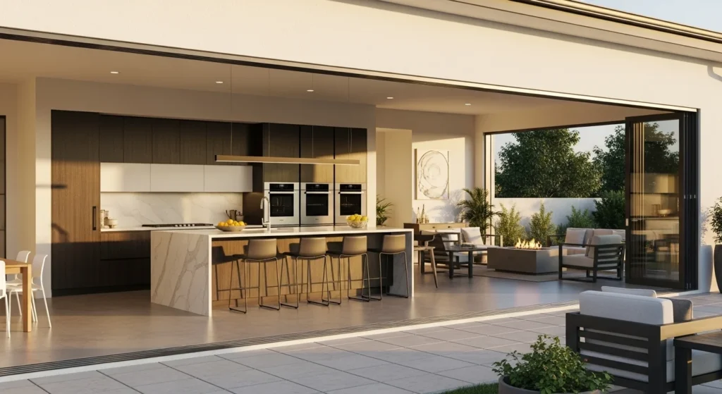 Open kitchen connected to outdoor patio through large sliding glass doors