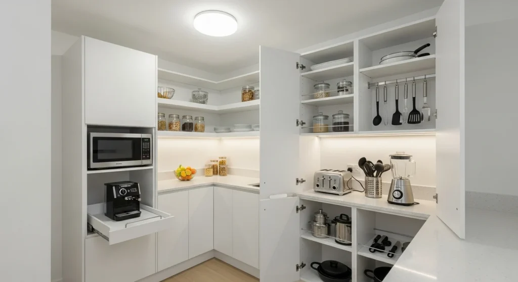 Small pantry designed with hidden storage for kitchen appliances