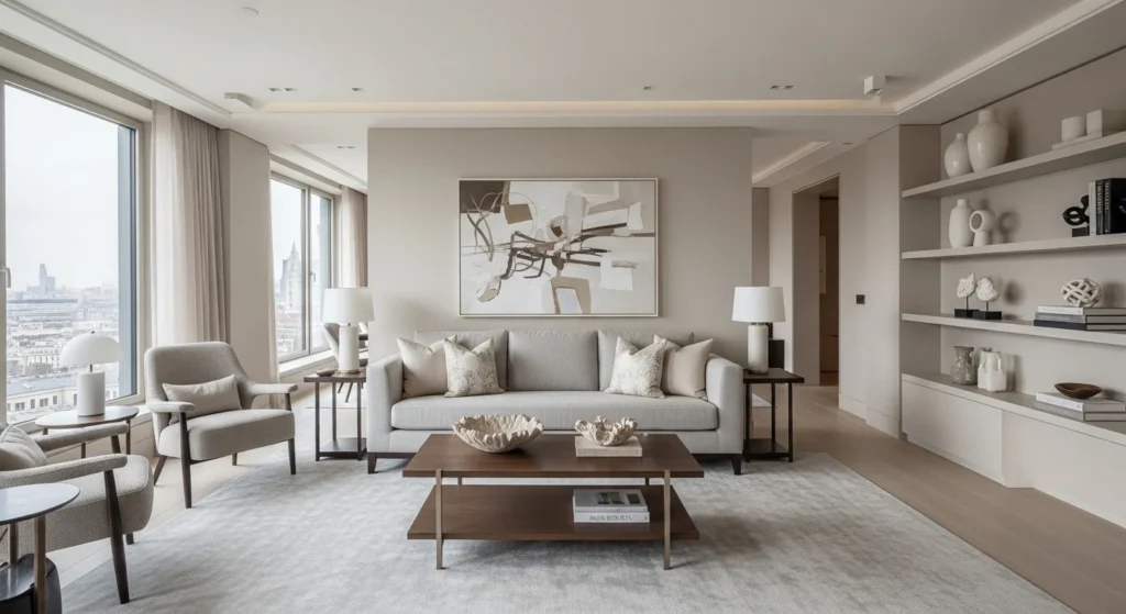 Elegant neutral toned apartment with modern luxury styling and textures
